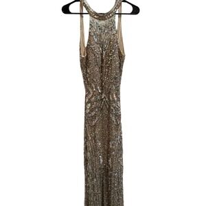 Camille La Vie Gown Women 2 Gold Sequin Halter Maxi Formal Art Deco Glam Dress